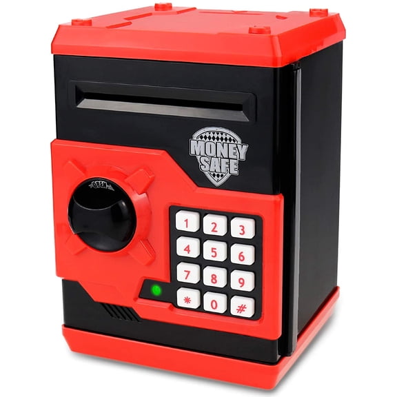Kids Money Bank, Electronic Piggy Banks, Great Gift Toy for Kids Children, Auto Scroll Paper Money Saving Box Password Coin Bank,Perfect Toy Gifts for Boys Girls (Black red)