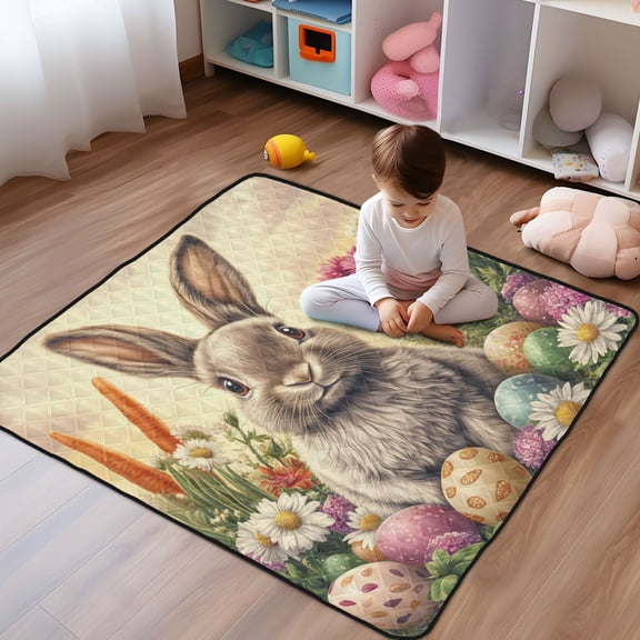 WOBOGO Lovely Easter Bunny Baby Playmats Extra Large Waterproof Rollable Activity Pads for Toddlers 50×50inch