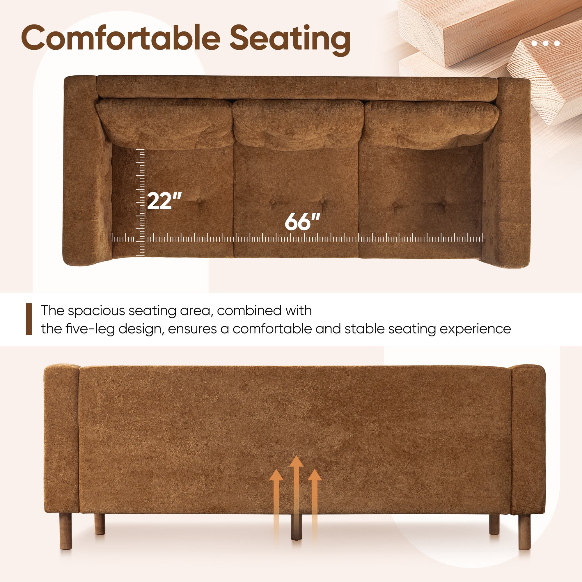 Lunale 78" Chenille 3-Seater Sofa, Modern Mid‑Century Upholstered Couch for Living Room, Apt., Tufted Design & Wood Legs, Brown