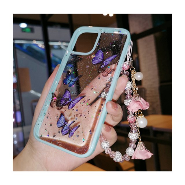 Funda de teléfono de mariposa para IPhone 14 Pro Max, 13, 12, 11, XS, XR, X, 7, 8 plus, funda de TPU transparente con purpurina, pulsera con colgante para mujer Fivean unisex