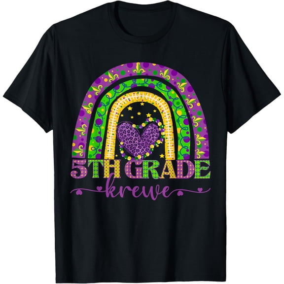 Mardi Gras Teacher 5th Grade Krewe Rainbow Leopard Carnival T-ShirtMen's and women's gift, black and white T-shirt, size: Extra large S-4XL