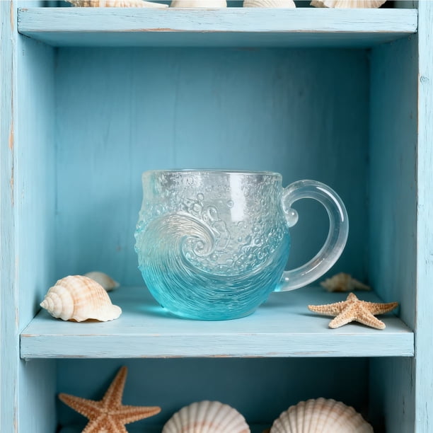 Vaso de vidrio esmerilado, vaso de cristal único, vaso de mar, tema de playa, vaso para té vino, vaso hecho a mano, vaso de inspiración marina, regalo para parejas, vaso texturizado, vaso