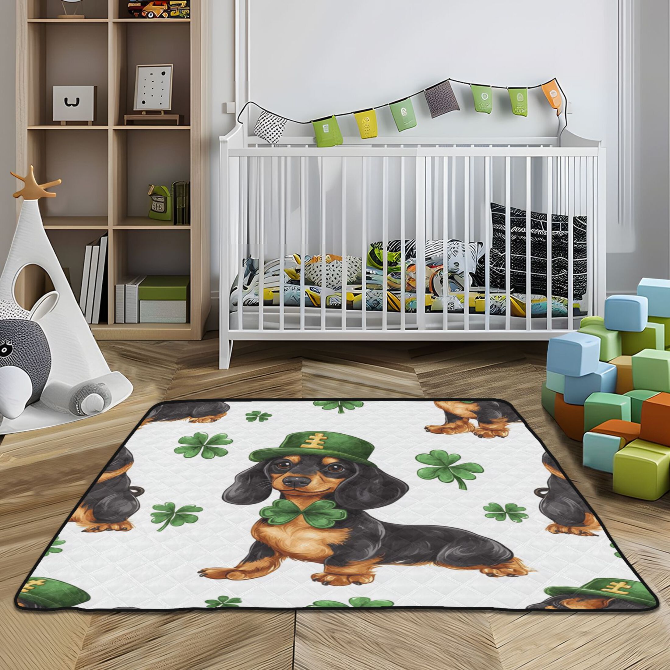 WOBOGO St Patricks Pattern Of Dachshund in A Shamrock Hat Baby Playmats Extra Large Waterproof Rollable Activity Pads for Toddlers 50×50inch