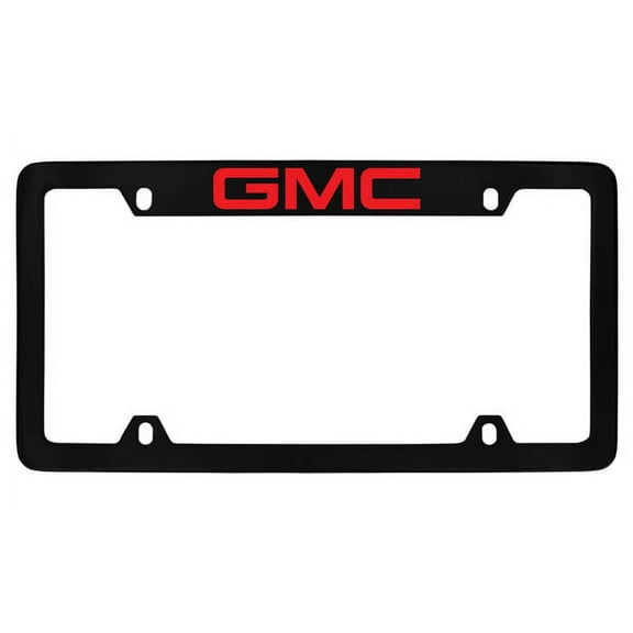 GMC Red Logo Black Coated Metal Top Engraved License Plate Frame Holder
