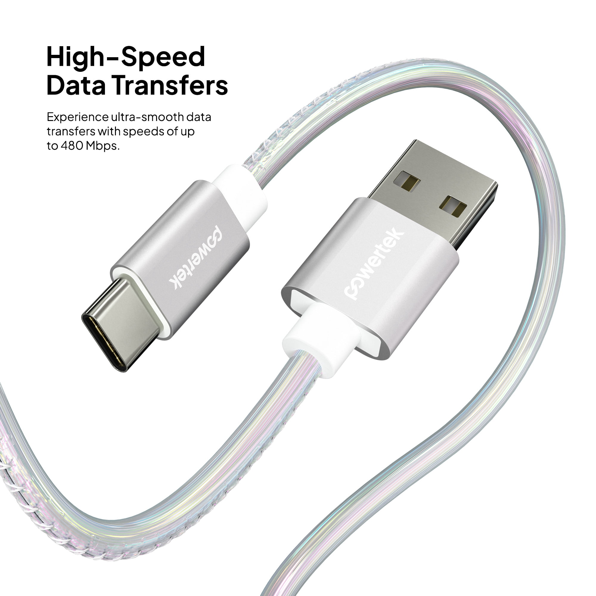 Powertek USB-A to USB-C (Type-C) Metallic Shine Pastel Charging Cable, 6 ft, Silver