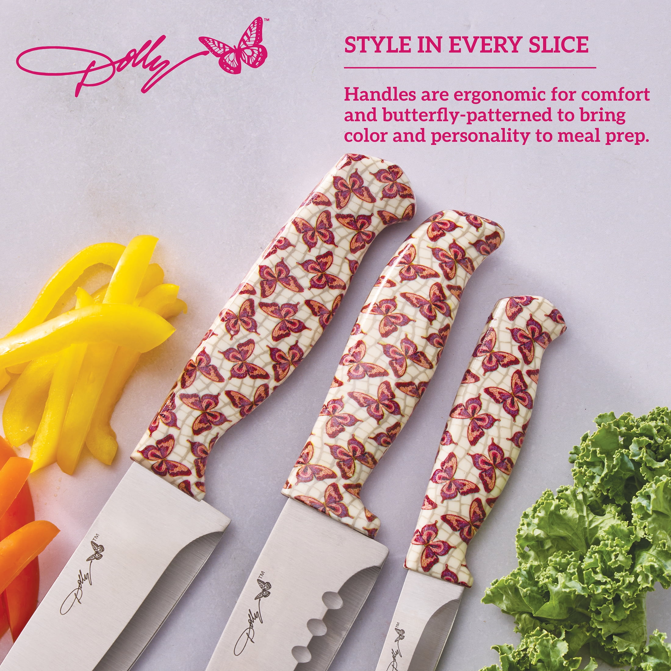 Dolly Parton 3-Piece Chef Knife Set with Butterfly Pattern Handles for Kitchen Prep