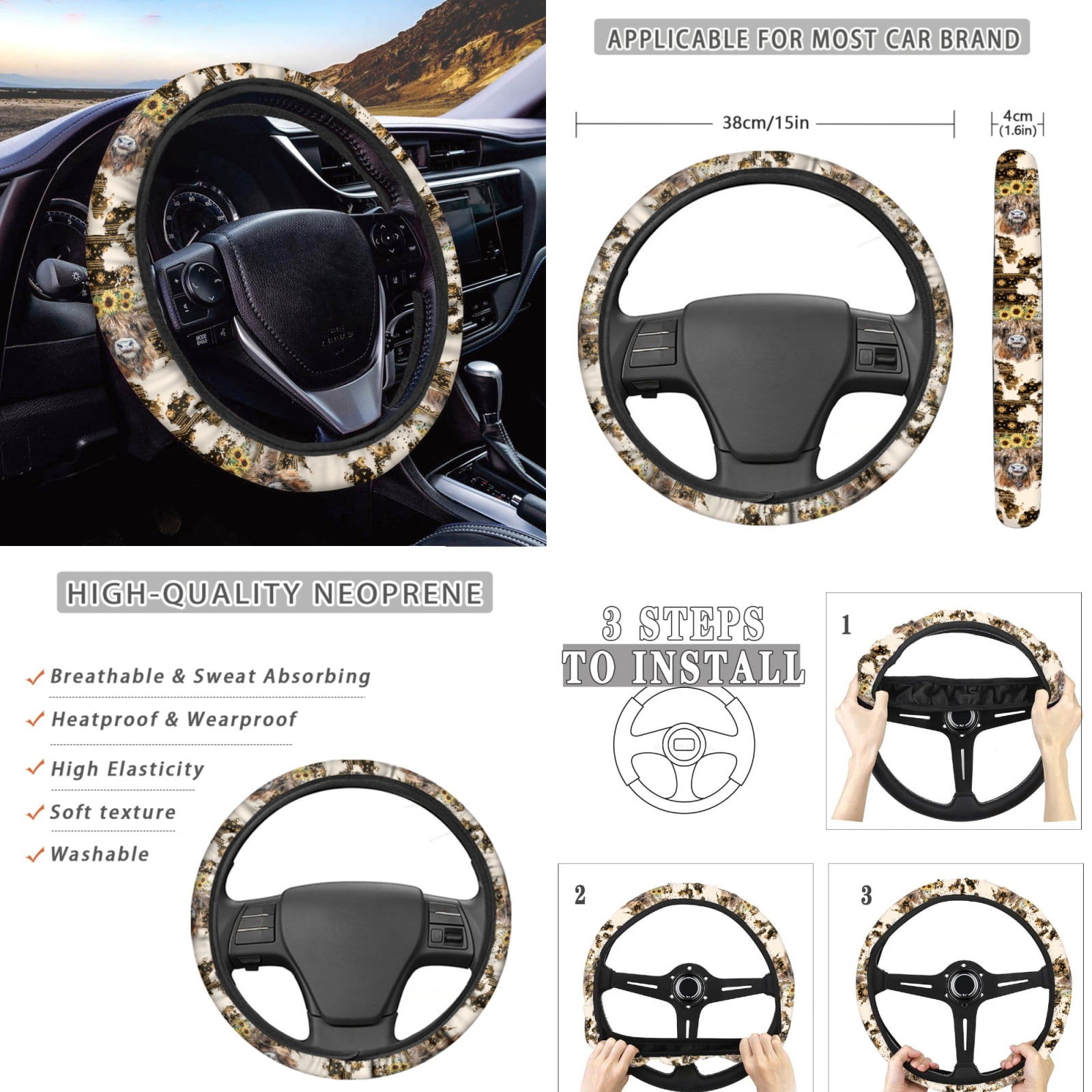 Renewold American Tribal Highland Cow Sunflower Brown 12 PCS Car Seat Covers Set for Women, Soft Steering Wheel Cover Seat Belt Pad Armrest Pad Handbrake Cover Gear Shift Cover Coasters