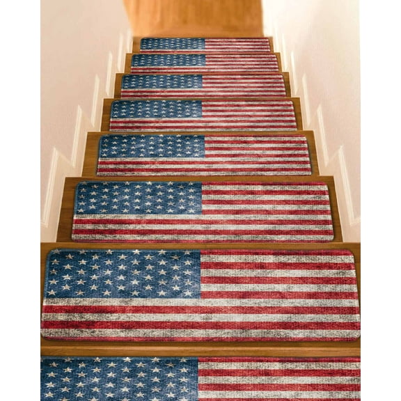 American Flag Stair Treads for Wooden Steps Indoor Runner Rug Carpet, Vintage Blue Red USA Flag 4 Pieces Peel and Stick Staircase Step Treads Covers Washable Throw Door Mats, 30"x8"