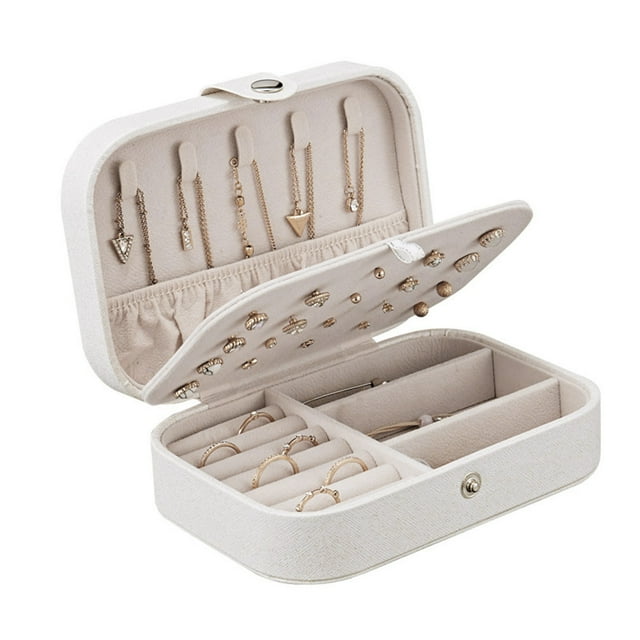 Portable Simple Storage Box Multifunctional Two Layers Container For Women Travel Small PU Leather Jewelry Case (White)
