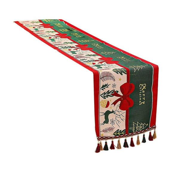 Christmas Table Flag Printed Rectangular Tablecloth – 47x14 Inch Cloth Xmas Party Table Runner with Tassels, Festive Dining Table Decoration for Home & Holiday Celebration