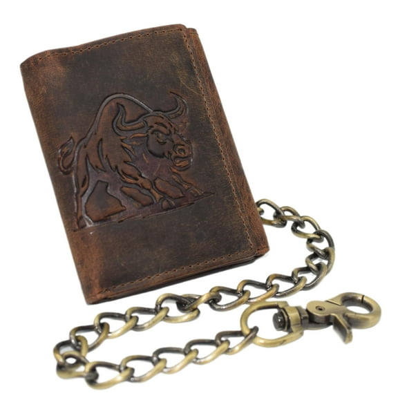 MARSHAL RFID Trifold Biker Wallet for Men Vintage Genuine Leather Chain Wallet with Charging Bull Embossed Design and Snap Closure Brown