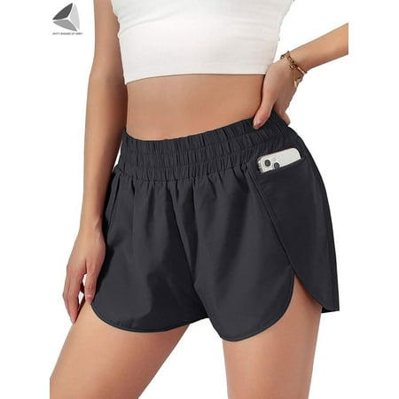 PULLIMORE Women Athletic Running Shorts Built-in Panties High Waisted Workout Running Short with Zipper Pockets (M  Navy Blue)