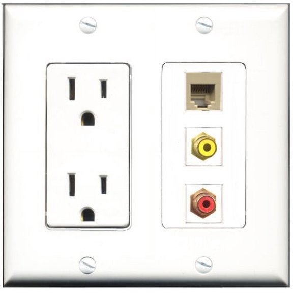 RiteAV - 15 Amp Power Outlet 1 Port RCA Red 1 Port RCA Yellow 1 Port Phone Beige Decorative Wall Plate