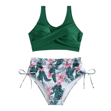 Womens Bikinis Summer Solid Color Spaghetti Strapbra And Panty Set High Waist Sexy Two Piece Tankini Swimsuits For Women Swimwears Green M