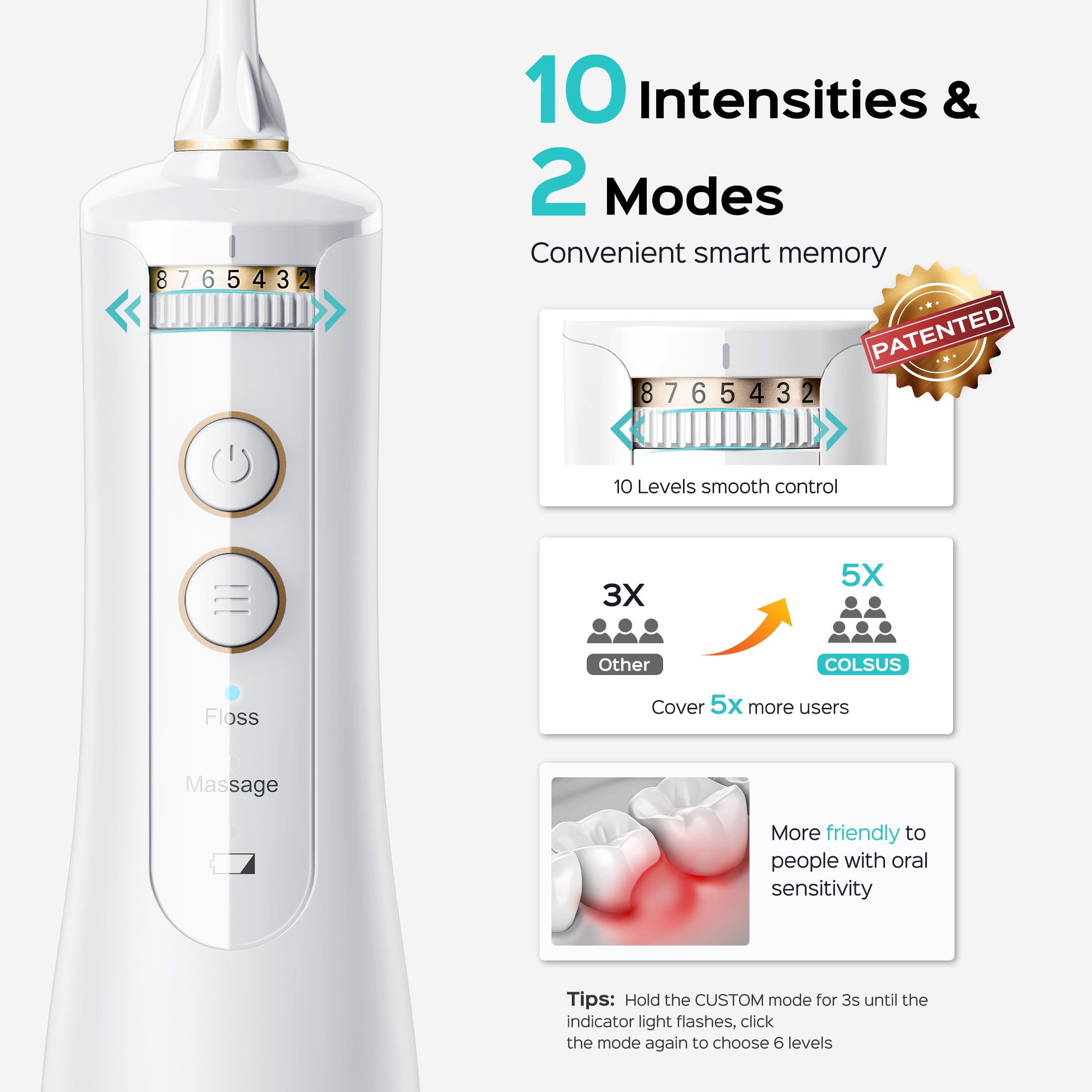 COSLUS E40 Portable Water Flosser for Teeth,Water Dental Flosser with 10 Pressure Settings,Rechargeable,Cordless, for Travel-White