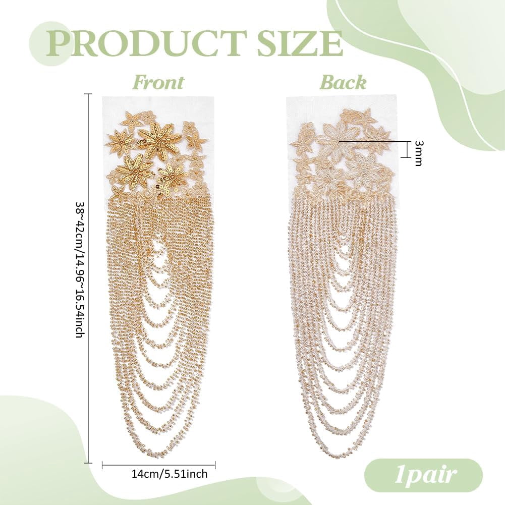 ABPETE 1 Pair Handmade 3D Flower Rhinestone Applique 14.96~16.54inch Long Goldenrod Sewing Crystal Fringe Beads Sequins Patches Embroidery Beaded Epaulettes for Evening Gown Wedding Dress Decor