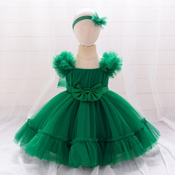 Girls Cute Tulle-Tutu Dresses with Hairbands Summer 6M-3Y Toddlers Kids Elegant Solid Sleeveless Bowknot High Waisted A-Line Dress