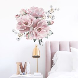 Stickers Muraux Fleurs Pivoine Rose & Papillons - Lot 6 Feuilles Amovibles Déco Chambre Enfant Bébé