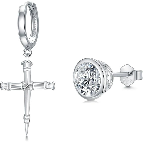 SOULMEET 925 Sterling Silver Cross Hoop Earrings with 5A Cubic Zirconia Studs Earrings for Men and Women