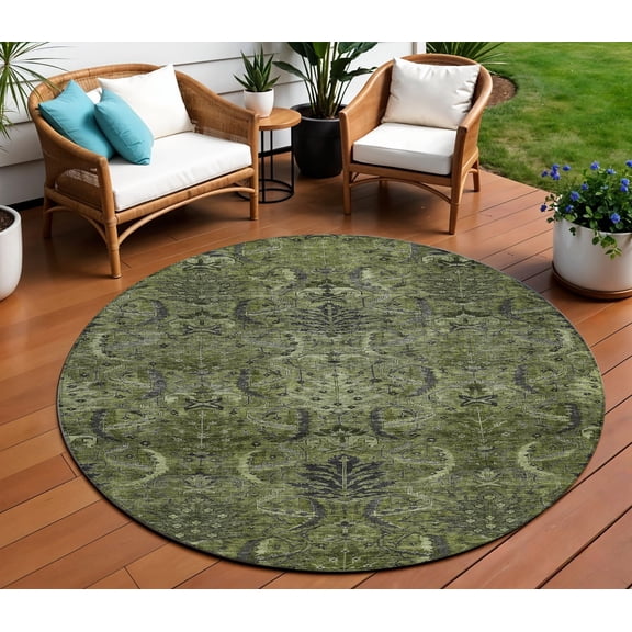 HomeRoots 603331 8 ft. Olive Green & Charcoal Round Damask Washable Indoor & Outdoor Area Rug