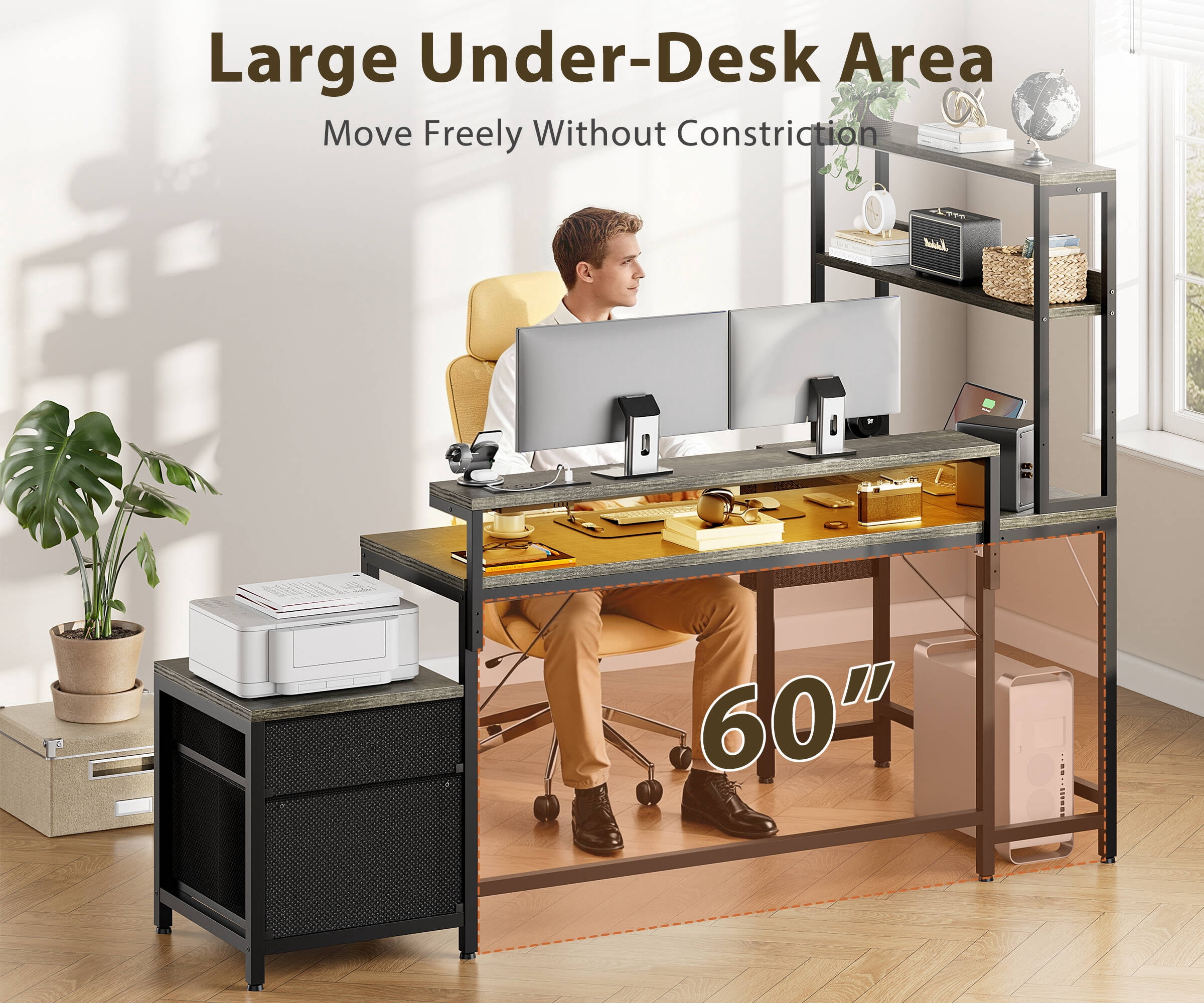 GUNAITO L Shaped Gaming Desk with CPU Stand, 71" Corner Computer Desk,Reversible Office Desk with File Drawers Cabinet,3-Tier Shelf,Gray