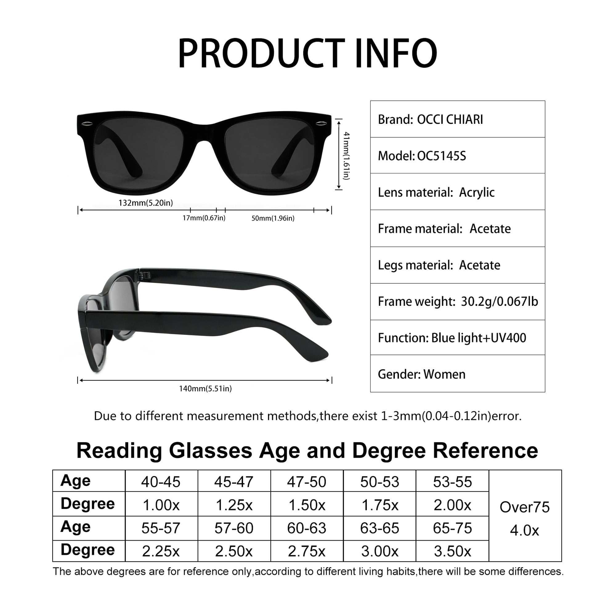 OCCI CHIARI Reading Sunglasses Women UV Protection Outdoor Reader Blue Light Blocking Glasses(Black, 175) with Arylic Lens,Not Bifocals