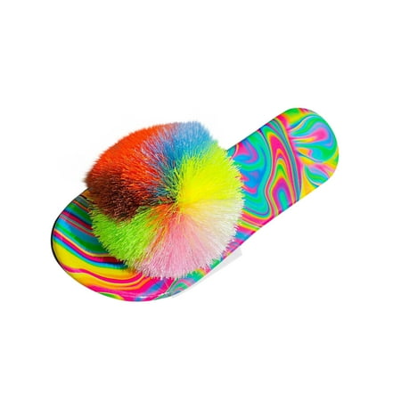 

CHOII Women s Casual Flip Flops Candy Colored Rainbow Flat Bottomed Beach Shoes Comfort Thong Sandals for Ladies Lightweight Slide Sandals Slipper with Colorful Pom Poms Clearance! Multicolor/5.5
