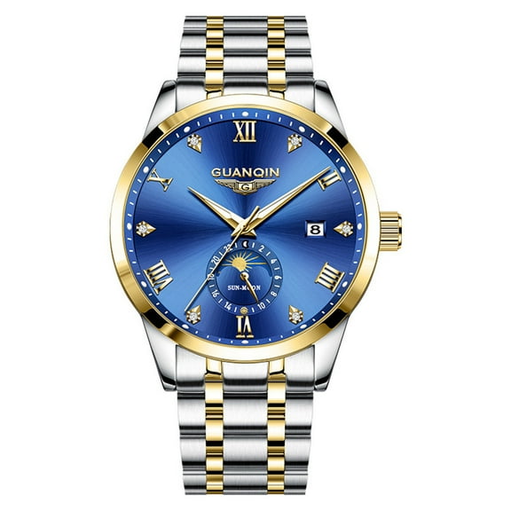 GUANQIN Vintage Diamond Dial Automatic Self-Winding Mechanical Men Wrist Watch Business Stainless Steel Sapphire Crystal Waterproof Clock Luminous Moon Phase Date