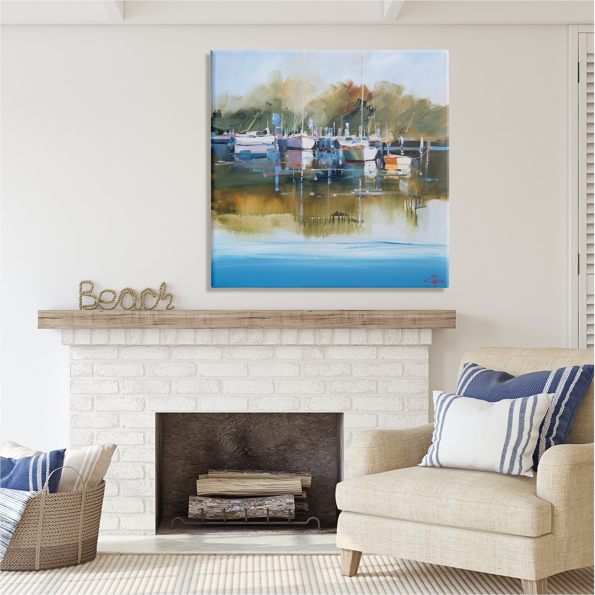 Stupell Industries Boat Marina Painting Transportation Painting Gallery Wrapped Canvas Art Print Wall Art, 36 x 36