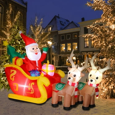 6 FT Santa Claus on Sleigh with Two Reindeer Christmas Inflatable Decorations, Garden Yard Decor Lighted for Holiday Season