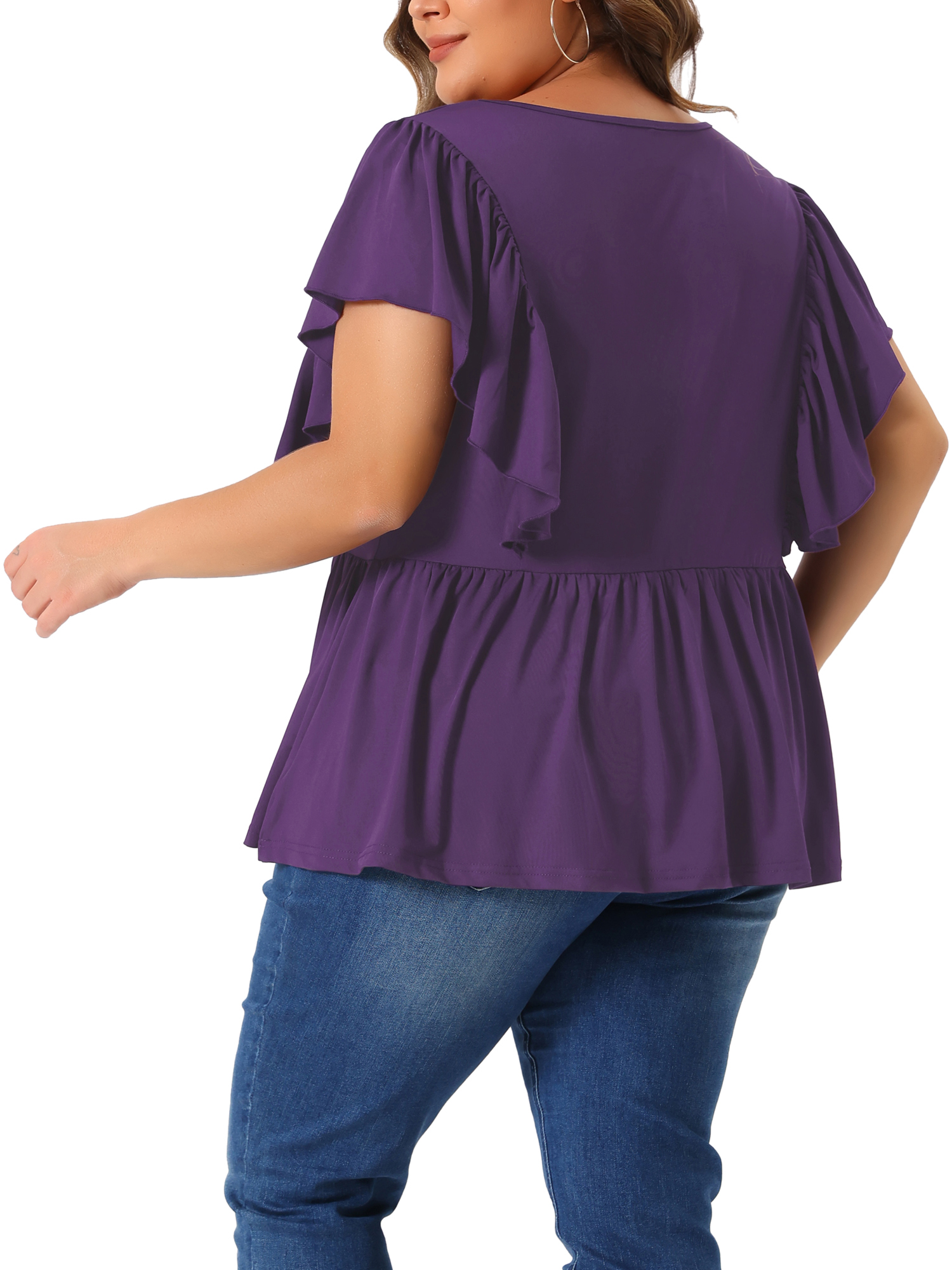DARING DIVA Women's Plus V Neck Ruffle Sleeve Pleated Peplum Blouse 4X Dark Purple