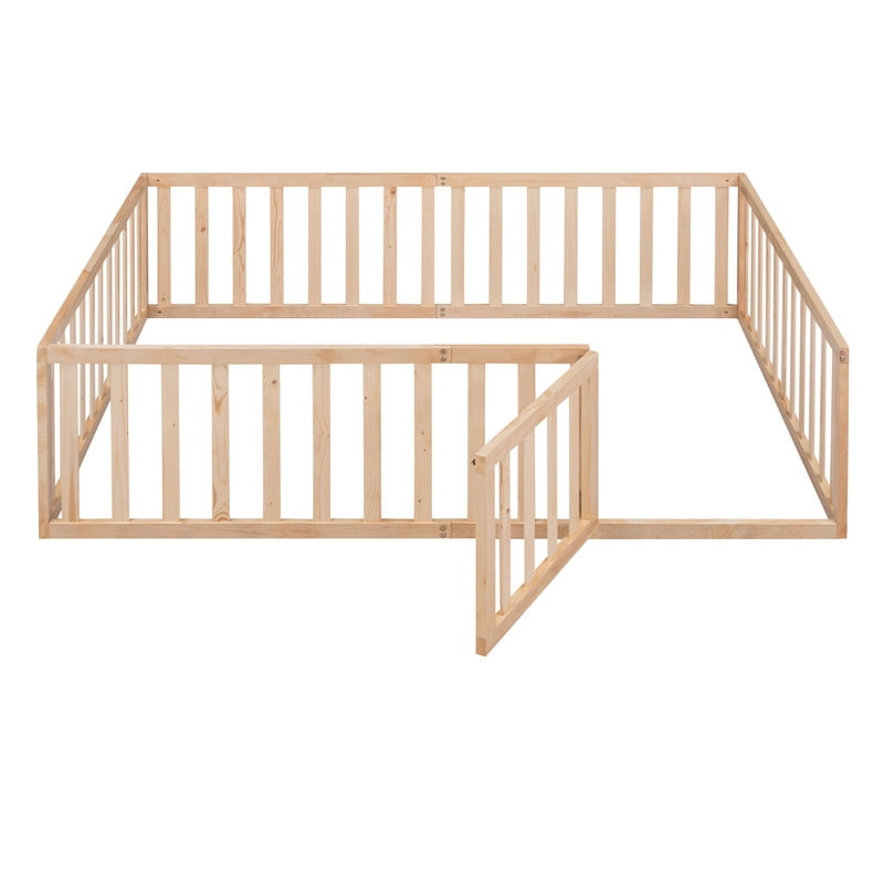 Full Size Floor Bed Platform Bed with Fence and Door, Wooden Montessori Bed Toddler Bed Kids Playhouse Bed with Guardrails for Boys Girls, No Slats