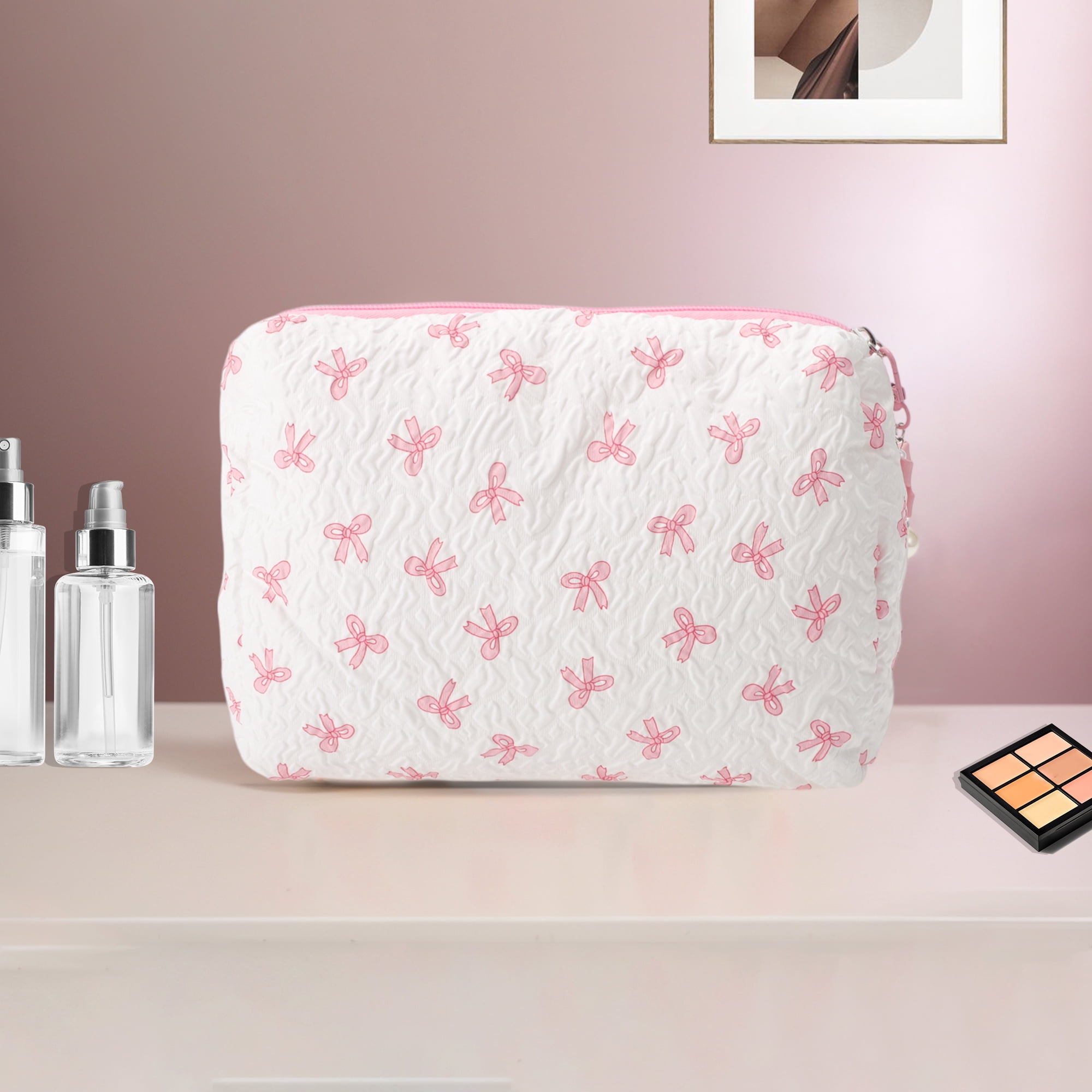 Unique Bargains 1 Pc Pendant Bow Makeup Bag Everyday Use 2.36 in White, Pink