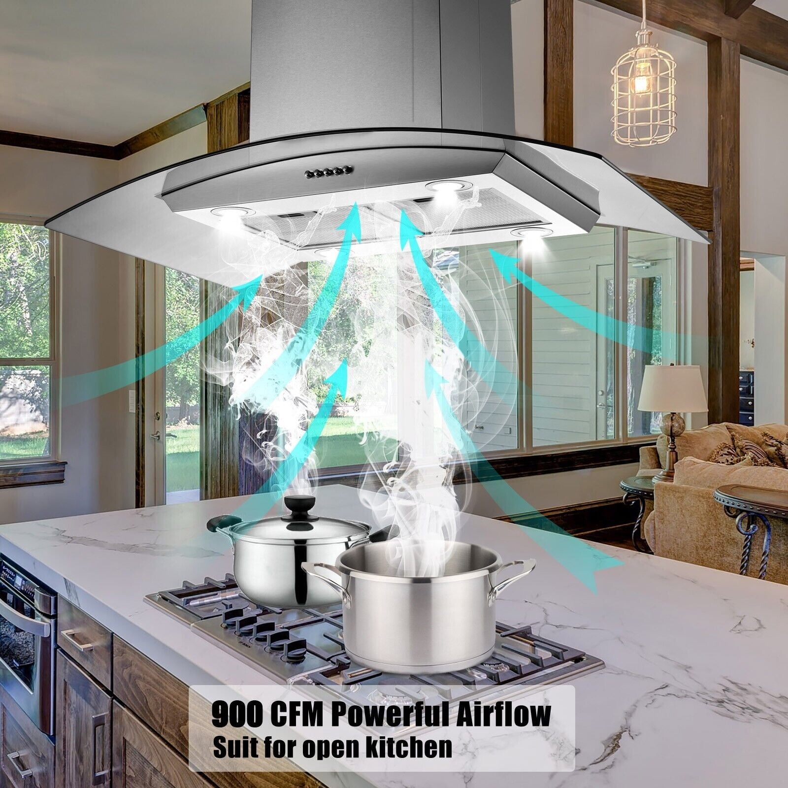 Joeaonz Island Mount Range Hood in Stainless Steel with LED Lights & Easy-Clean Filters, 120V