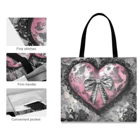 Canvas Tote Bag for Women Girls Design Print Pink Lace Heart Bow Tote