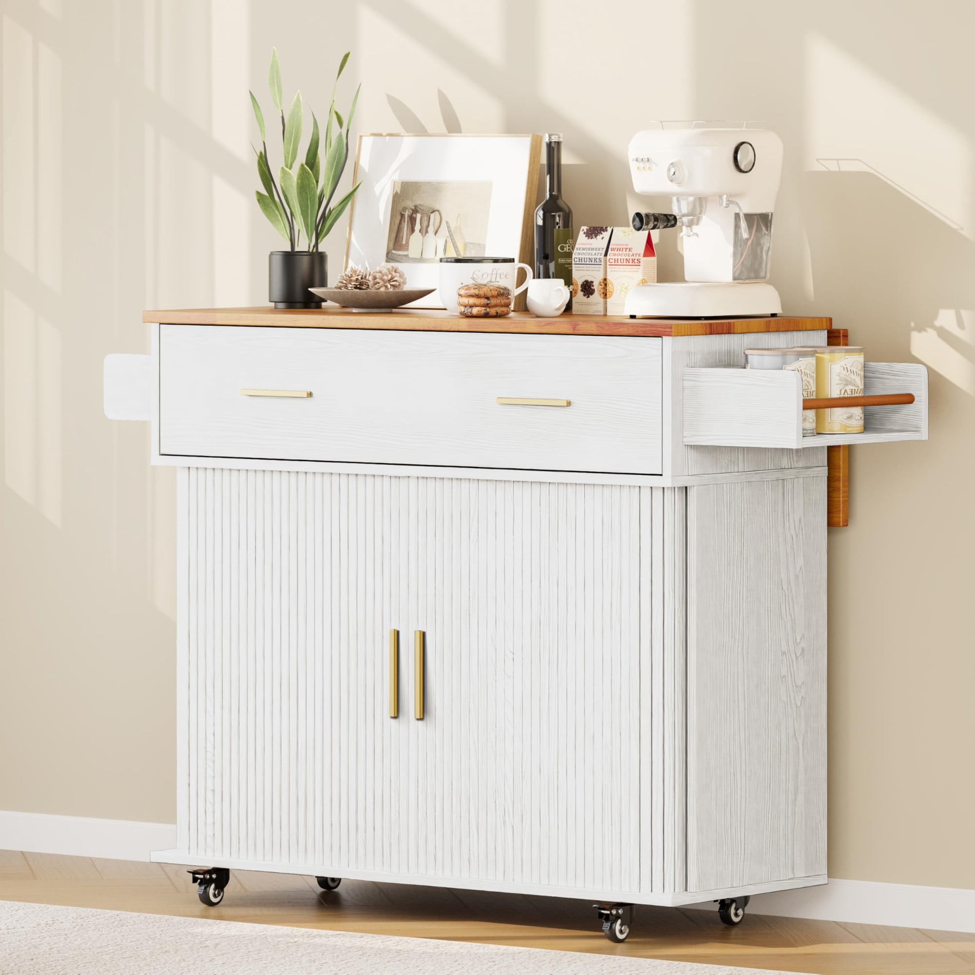 Rolling Kitchen Island Cart with Drop Leaf, Mobile Kitchen Cart on Wheels with Sliding Door, Drawer & Storage Rack, White