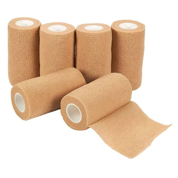 6 Self Adhesive Bandage Wrap - Tan, Elastic, for Wound and Sports Injury Treatment