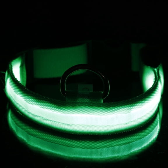 Light Up Dog Collar Glowing Nylon Led Pet Safety Necklace with Replaceable Battery and Adjustable Buckle for Medium Dogs Night Walking Green M