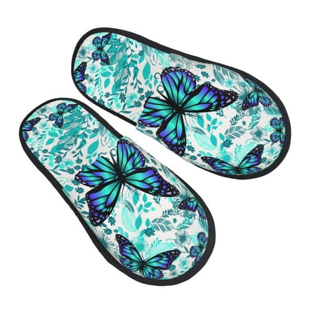

Ocsxa Mens Womens Cozy Memory Foam Scuff Slippers Slip On Warm House Shoes Indoor/Outdoor-Blue Floral With Butterflies