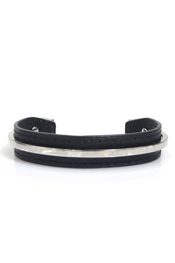 Pre-Owned Hermes Herms Bangle Bracelet in Leather/Metal, Black/Silver, Unisex (e61169a)