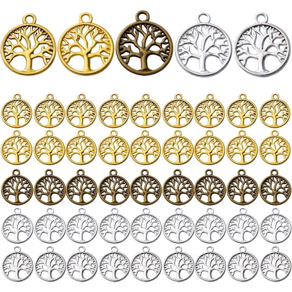 50pcs Tree of Life Charms Pendants Alloy Tree Bead Charm Craft Supplies for Bracelet Necklace Jewelry Making Findings Accessory,5 Colors