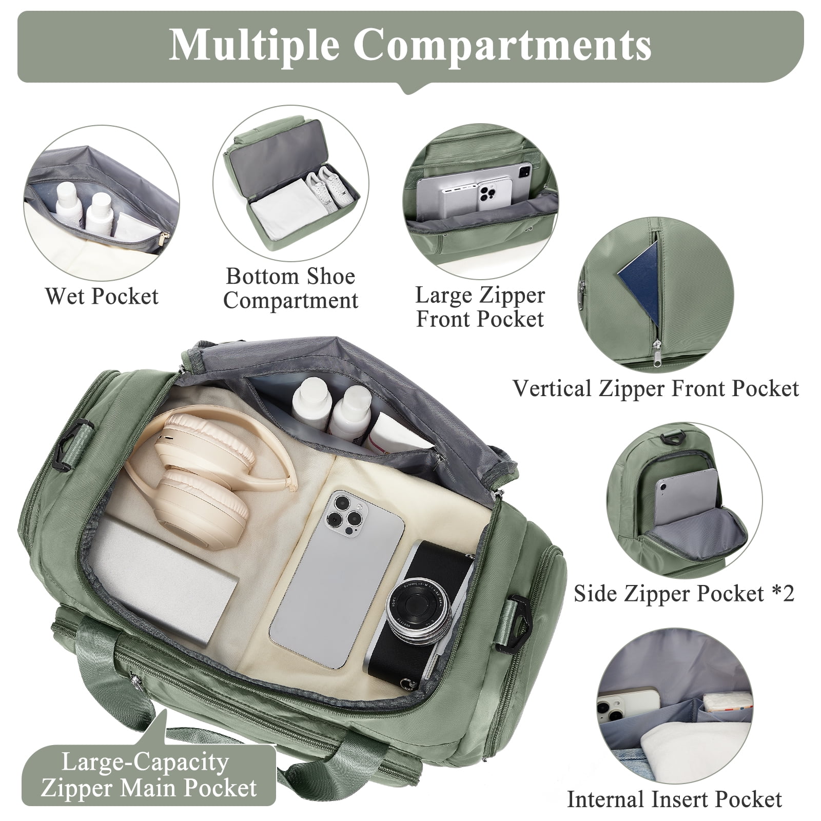 SYCNB Large Weekend Bag for Women, Best Weekender Travel Bag with Shoes Compartment & Toiletry Bag, Duffel Tote Bag for Gym Travel Hospital, Carry-On Overnight Bag, Olive Green