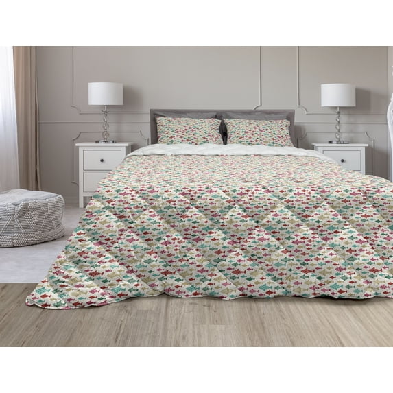 Fish Comforter & Sham Bedding Set, Underwater Elements with Ornamental Stripes or Dots Marine Themed Pattern, 3 pcs Duvet Set Microfiber Filling Quilt, 5 Sizes, Eggshell and Multicolor, by Ambesonne