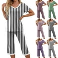 thumbnail image 5 of Qucoqpe - Conjuntos de pijama cómodos para mujer, con cuello en V y manga corta, pantalones anchos con estampado de rayas, estilo capri holgado, 5 of 5