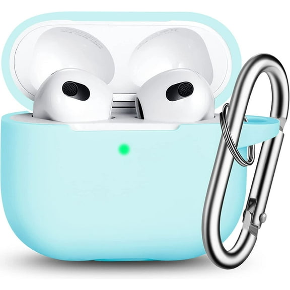 AirPods 3 Case Cover, Silicone Protective Accessories Skin with Keychain Compatible with Apple AirPod 3rd Generation 2021 for Women Men Girls Boys,Front LED Visible-Turquoise