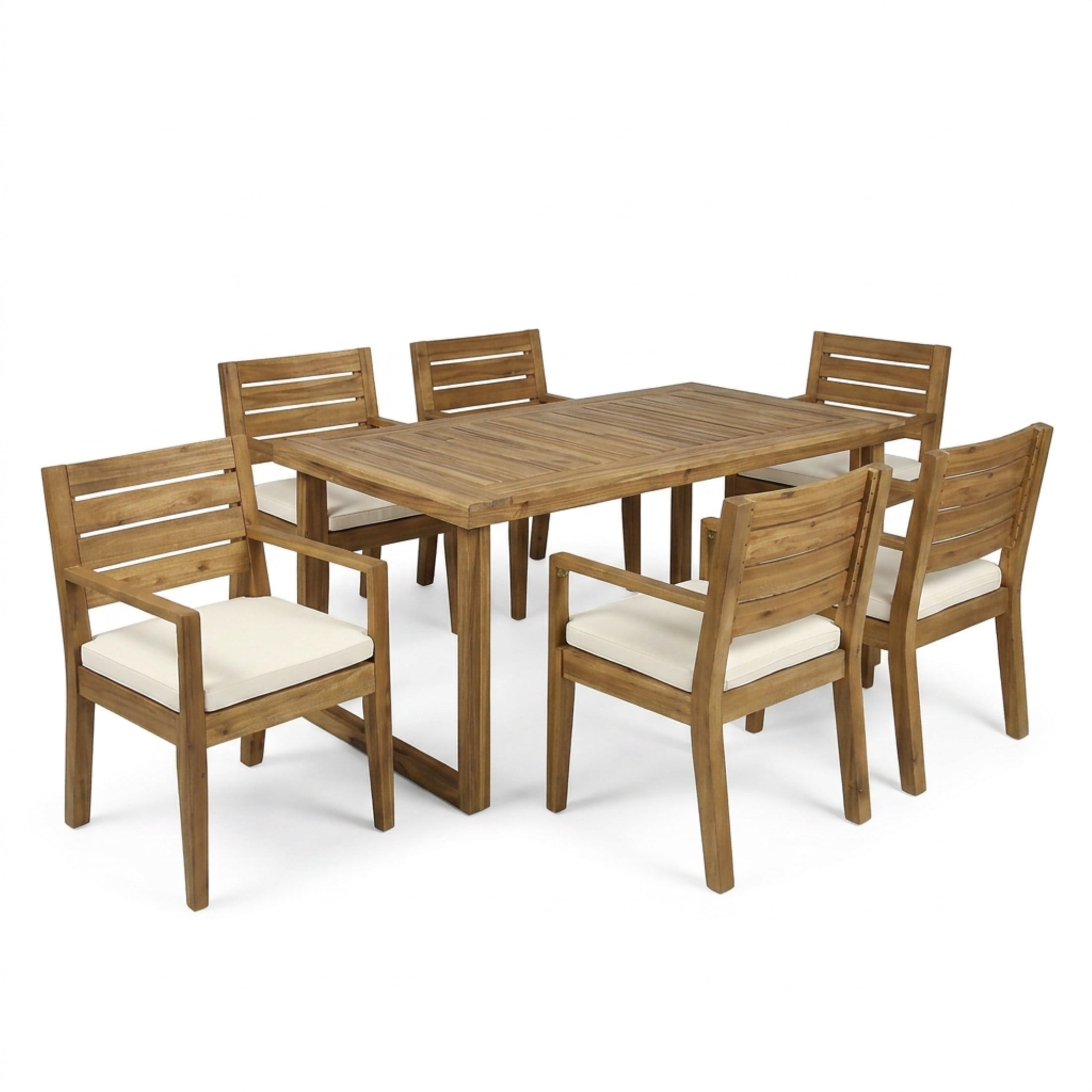 Christopher Knight Home 7-Piece Wood Outdoor Dining Set, 69" Table & Cushioned Armchairs, Natural+Beige