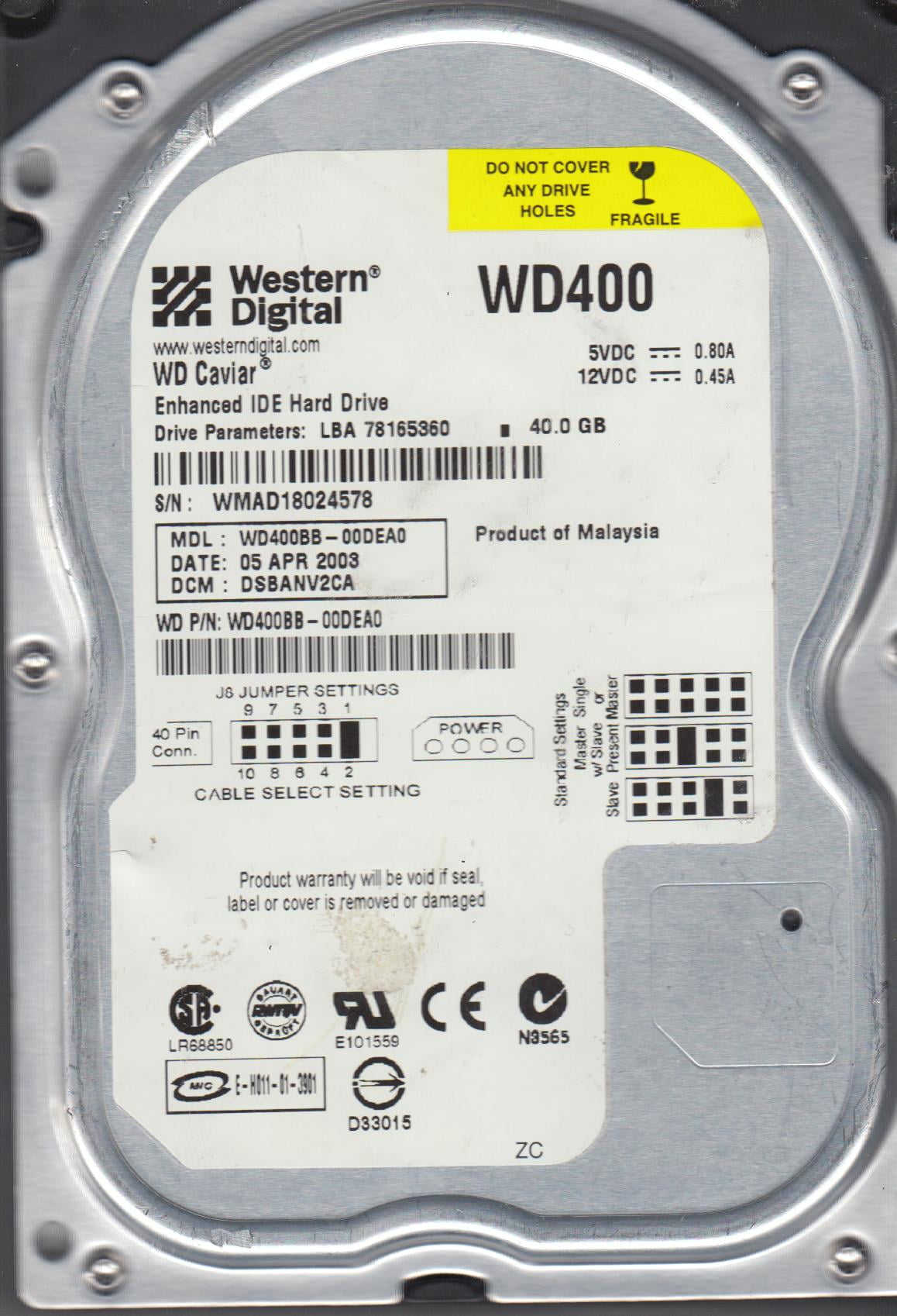 DCM WD400BB-00DEA0 Western Digital WD 40GB Ide HD Lba 78165360 Date 15 Sep 2003 Dcm 