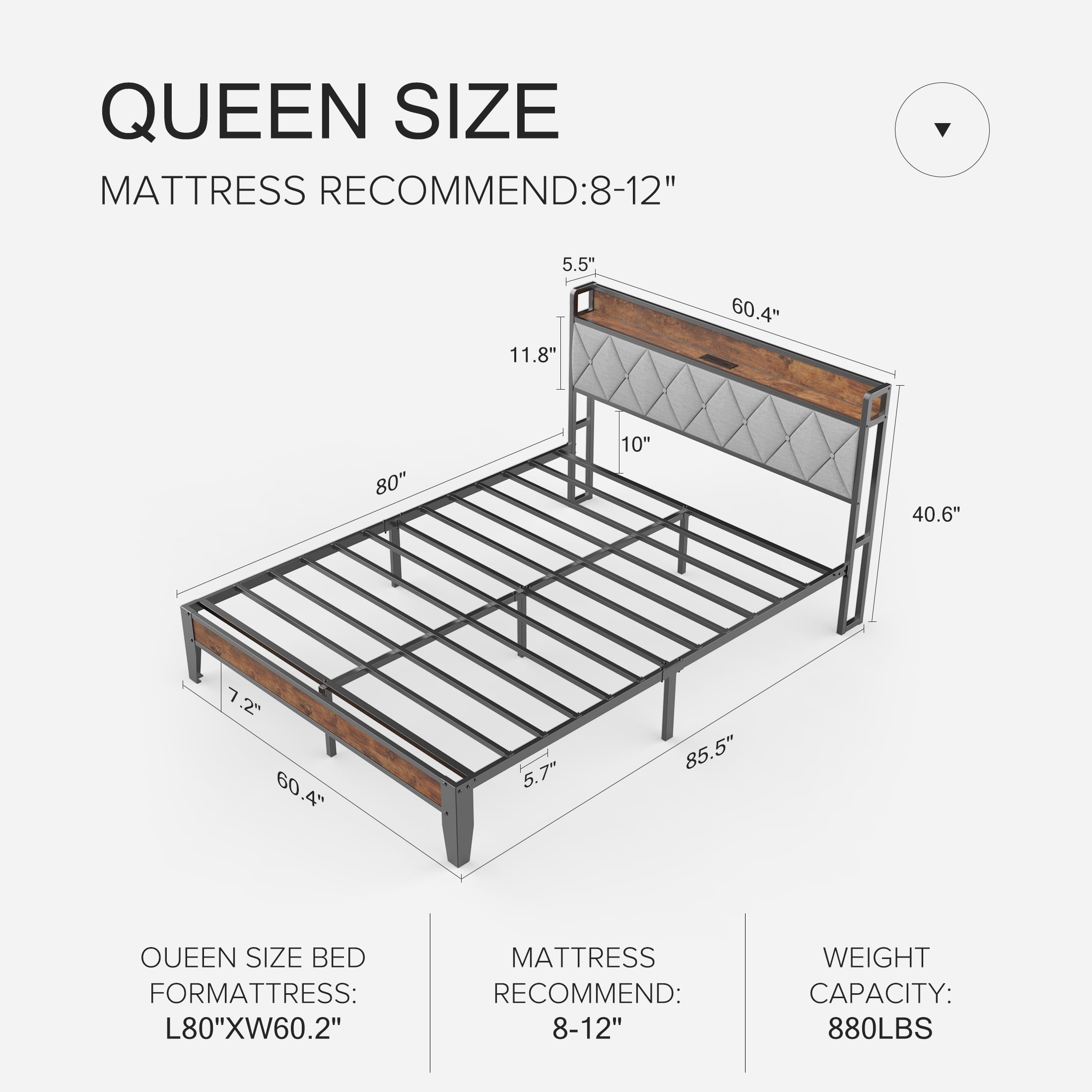 MCQ Modern Bed Frame with Charging Station, Metal Bed Frame with Upholstered Headboard, Queen
