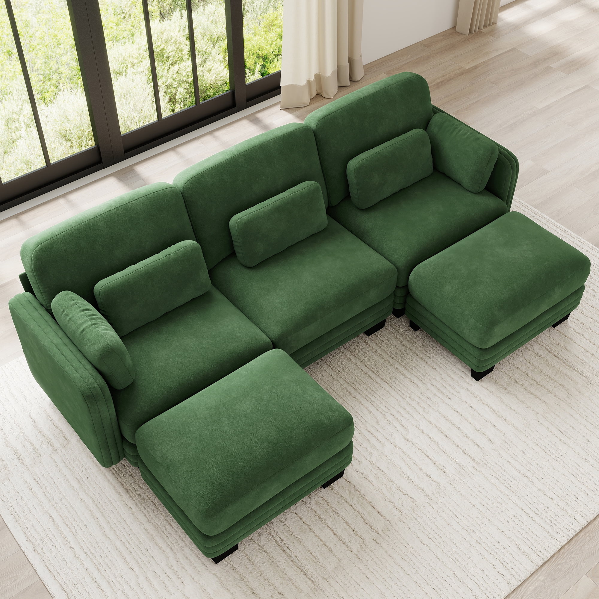 100" U-shaped Tufted Modern Modular Sectional 3 Seater Sofa Couch with 2 Ottomans and 5 Pillows