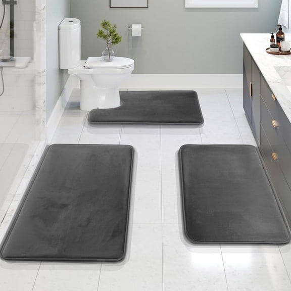 Bathroom Rugs Set - 3 Piece Non Slip Bath Mat with Coral Fleece, Quick Dry Microfiber for Shower and Toilet, Grey
